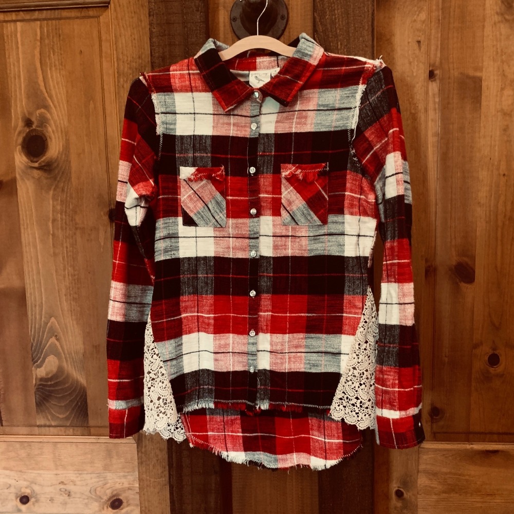 White Crow Plaid Flannel Shirt Women's M Red Crochet Lace High Low Boho